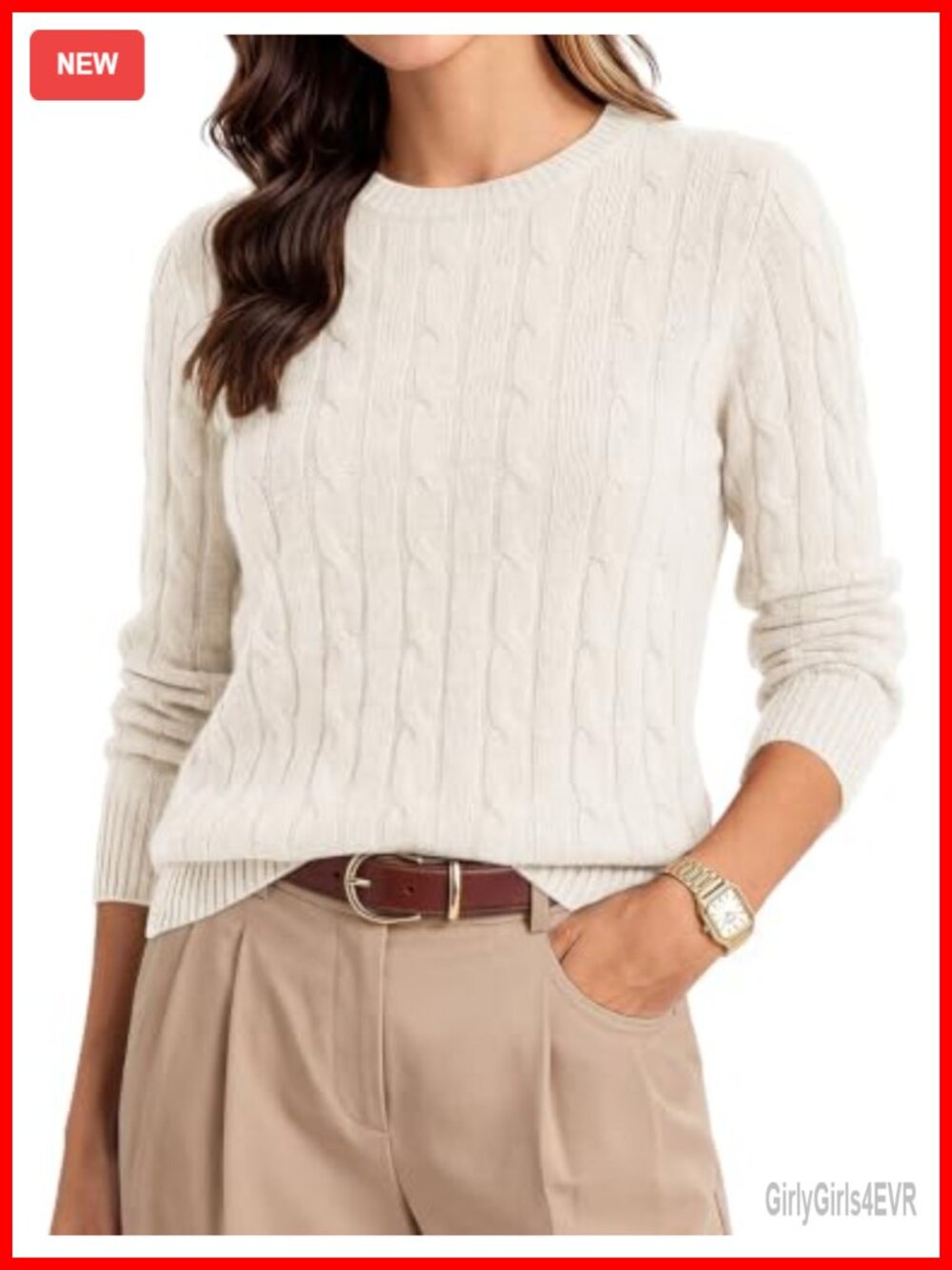 100% Merino Wool Cable Knit Crewneck Pullover Sweater for Women